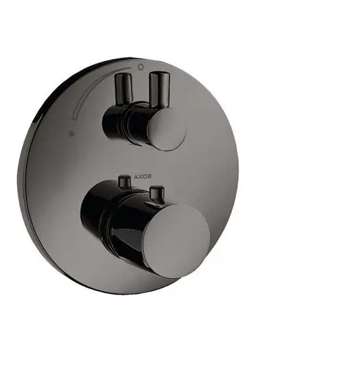Thermostat mit zwei Bedienelementen in Schwarz. Gehäuse von AXOR, Unterputzmontage, geeignet für die Regelung von Wassertemperaturen in Badezimmern.